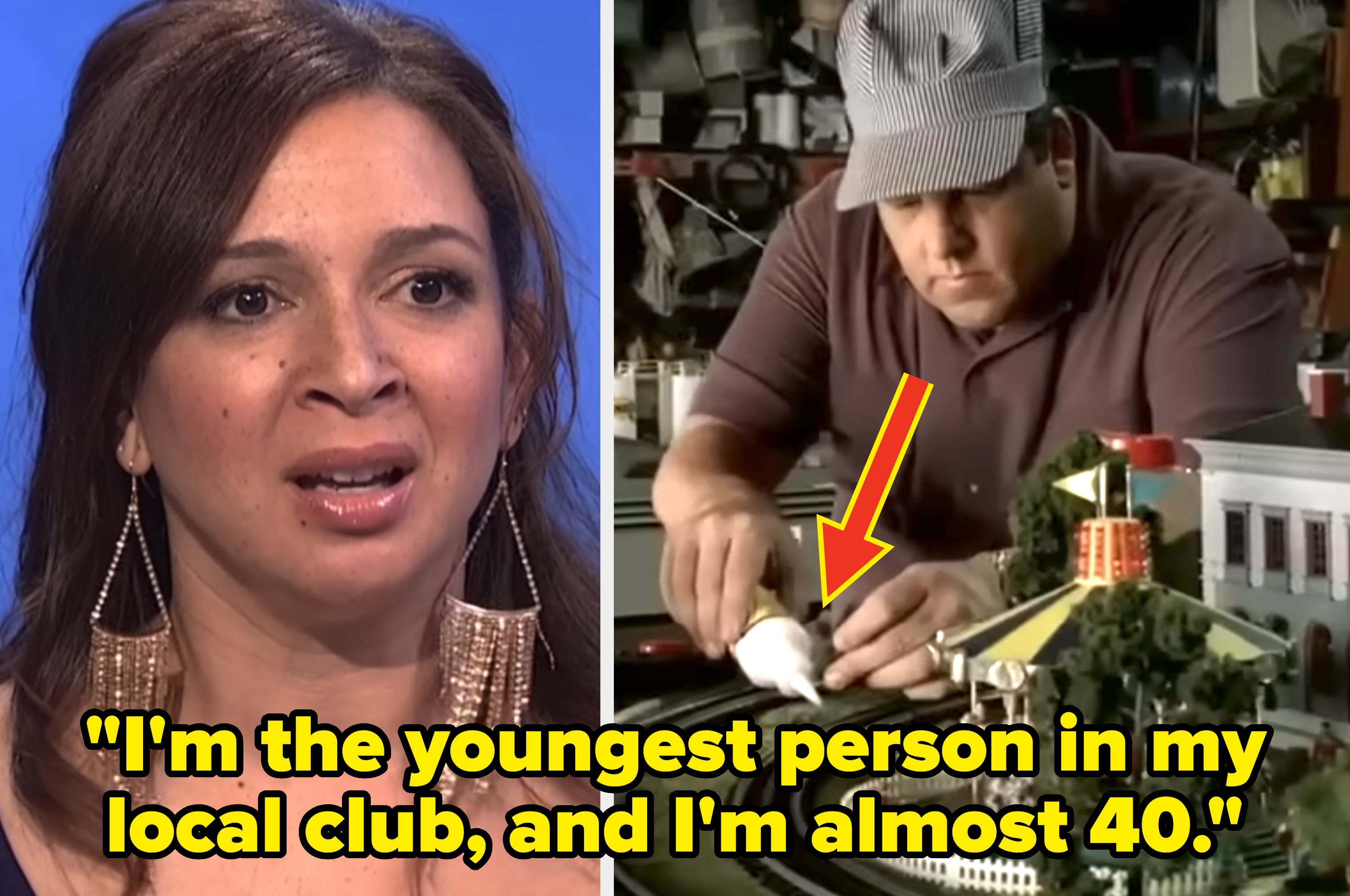 Left: Microphone and text saying, "I'm the youngest person in my local club, and I'm nearing 40." Right:  Steve Schirripa adjusting model train