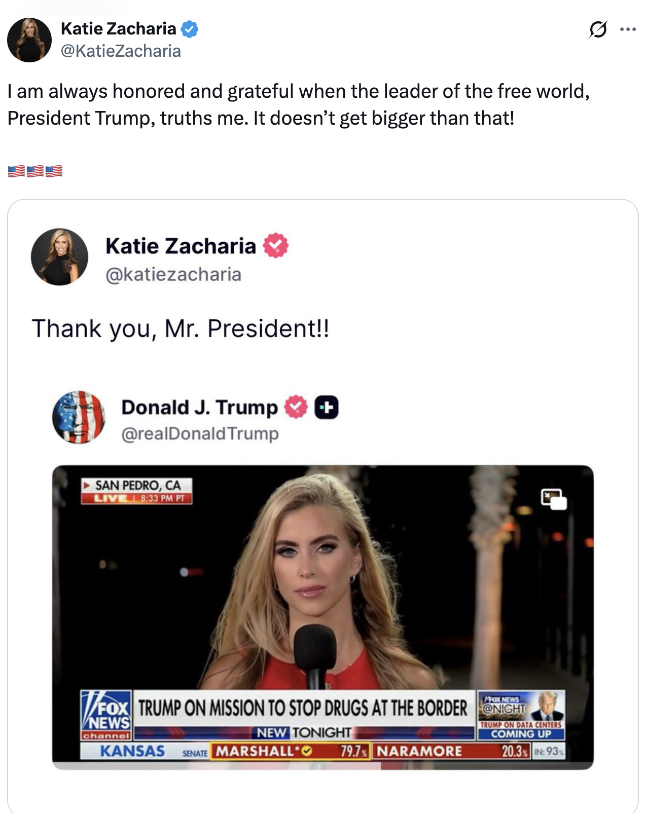 A societal media station celebrates a notation by erstwhile President Trump. The representation shows a quality newsman with the header connected stopping drugs astatine the border