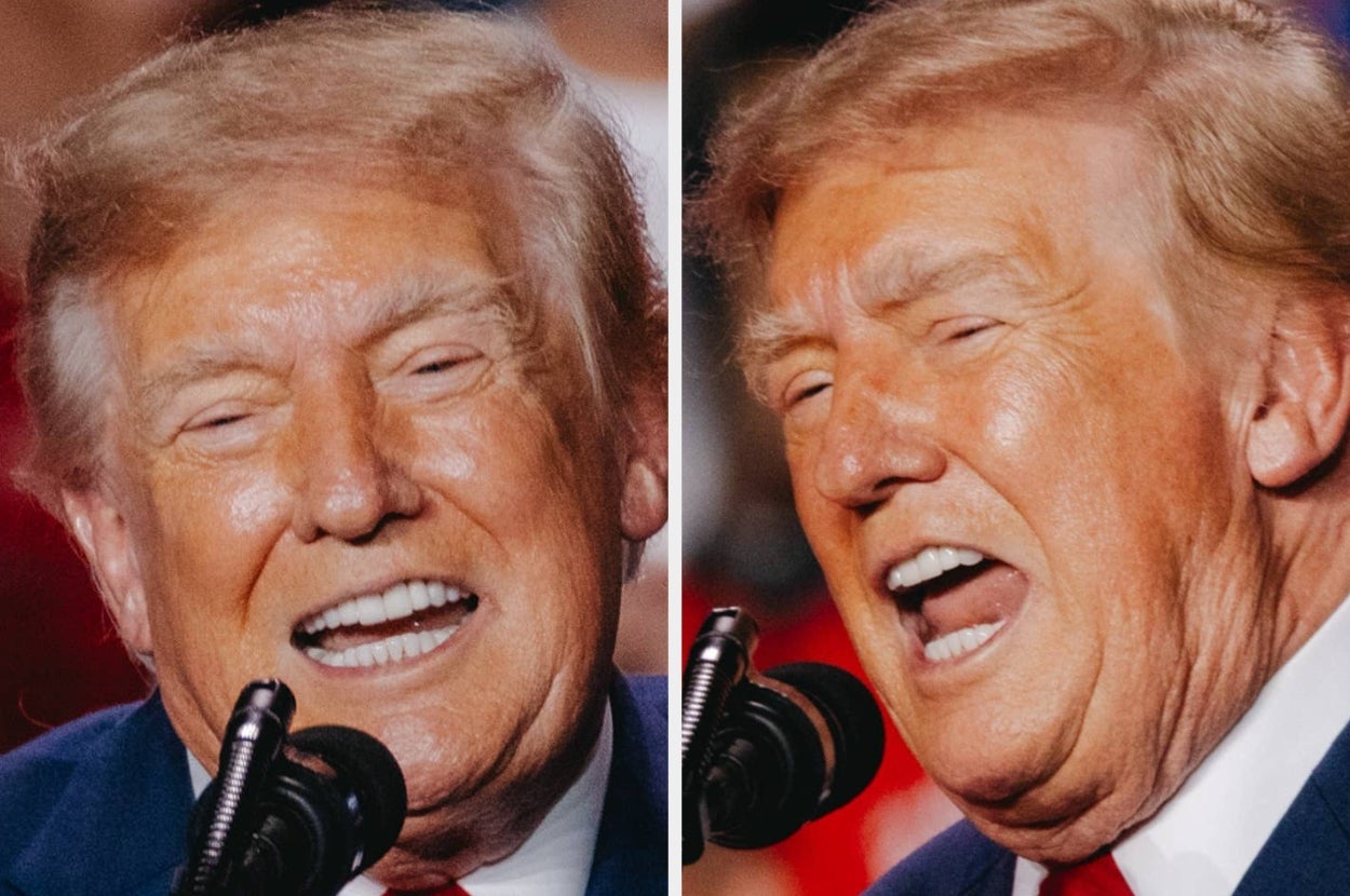 Two images show a person speaking passionately at a mic during an event, with expressive facial gestures