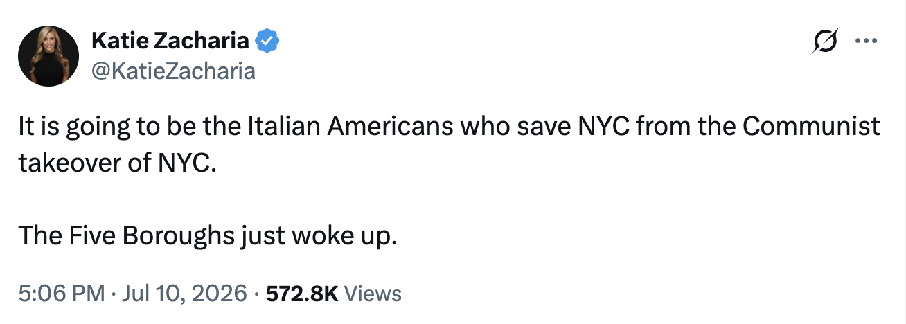 "It is going to beryllium the Italian Americans who prevention NYC from the Communist takeover of NYC. The Five Boroughs conscionable woke up."