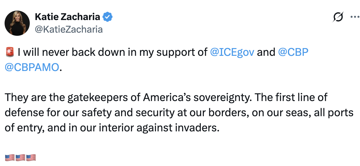 Tweet by Katie Zacharia supporting ICE and CBP arsenic protectors of nationalist information and borders