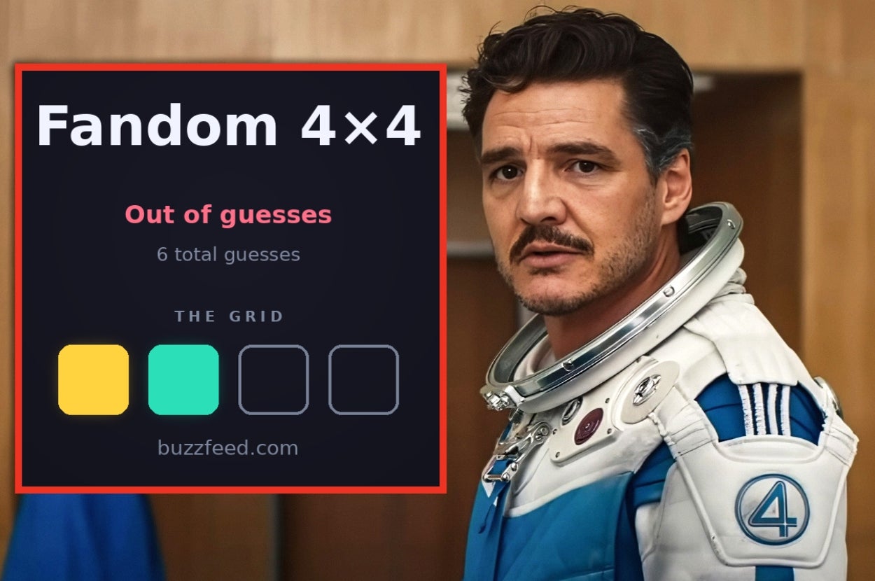 Person in a space-themed outfit with a Buzzfeed Fandom 4x4 game screen, showing "Out of guesses" and "6 total guesses."