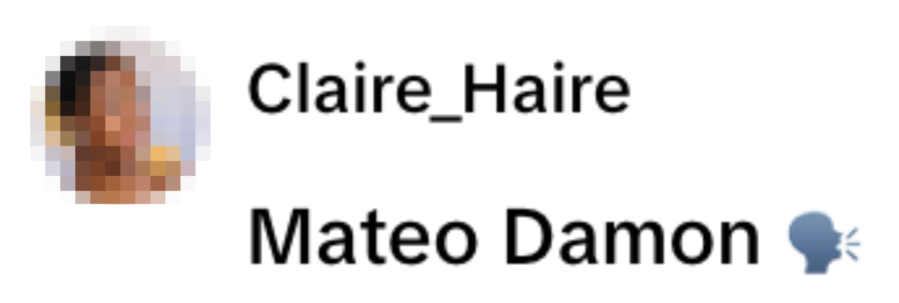 Profile image of a woman with the username Claire_Haire and another user named Mateo Damon with a megaphone emoji next to it