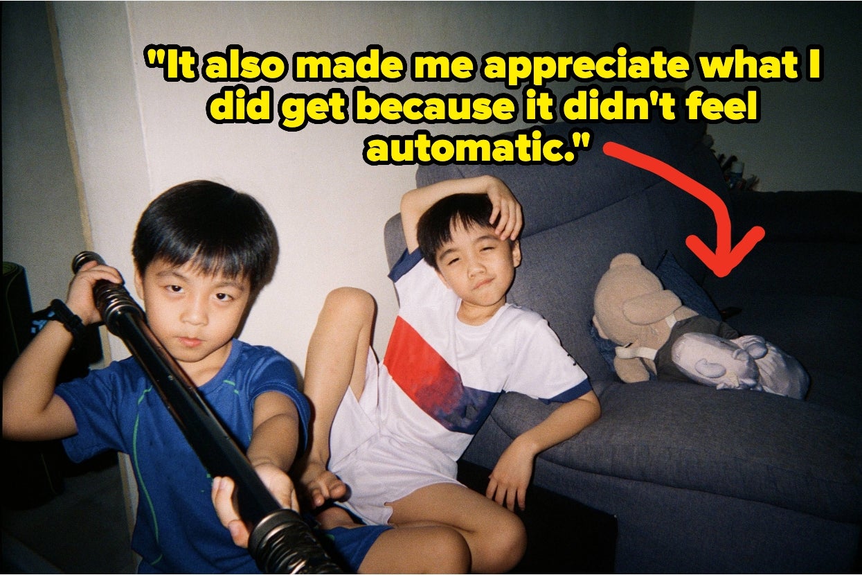Two kids pose playfully indoors with a plush toy. A quote about gratitude is overlaid