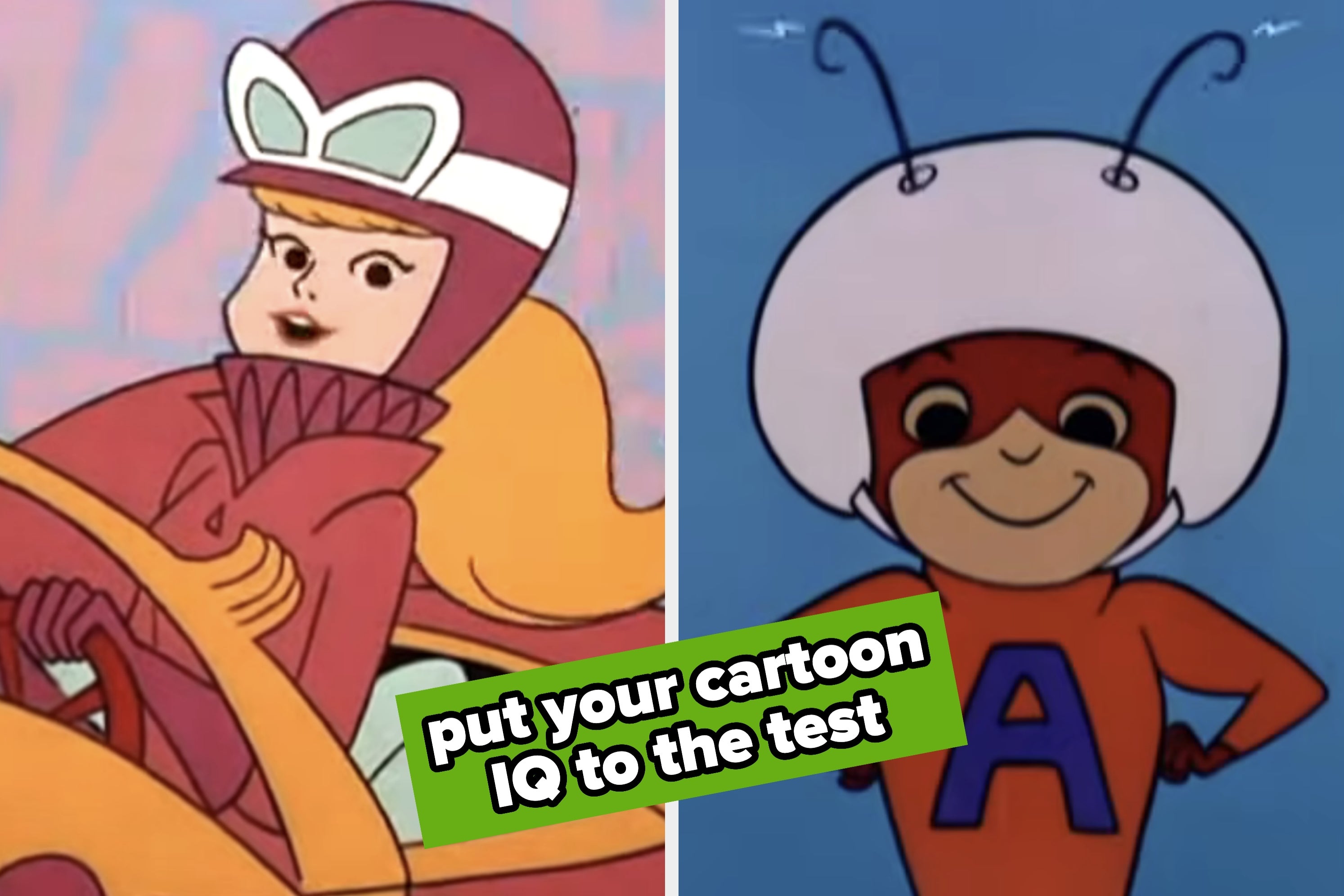 Split image of Penelope Pitstop driving a car and Atom Ant standing confidently, text overlay: put your cartoon IQ to the test
