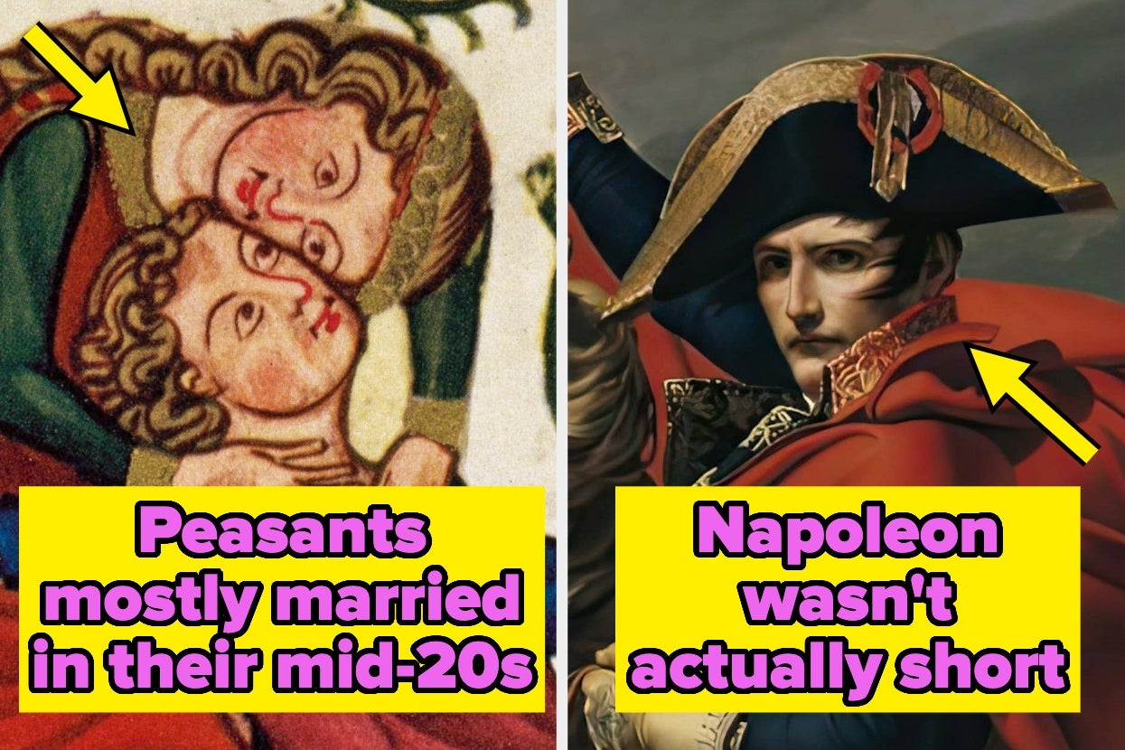 Left image: Illustration of peasants with text "Peasants mostly married in their mid-20s." Right image: Portrait of Napoleon with text "Napoleon wasn’t actually short."