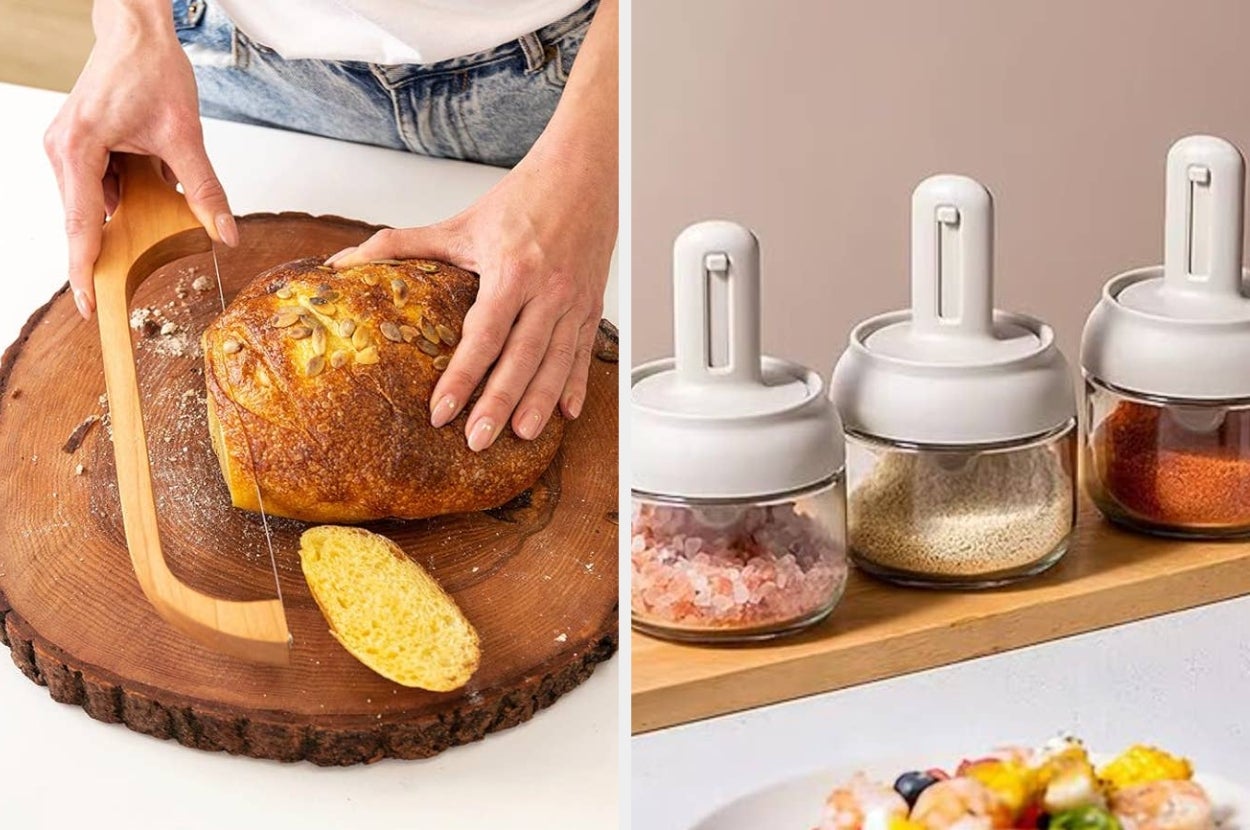 Person cutting bread with a curved knife; three spice jars with white lids on a wooden shelf