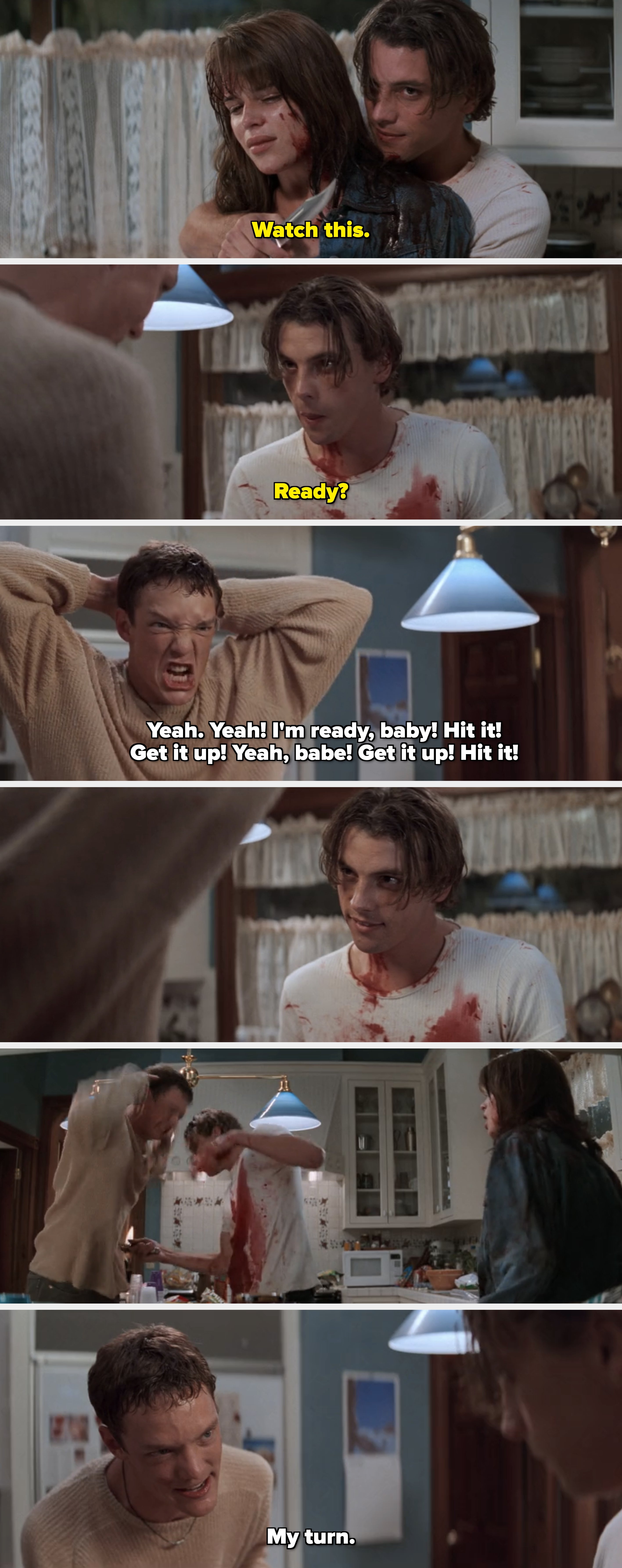 A person indoors with a white shirt stained with red, appearing anxious or intense, looking at another person. The setting seems domestic