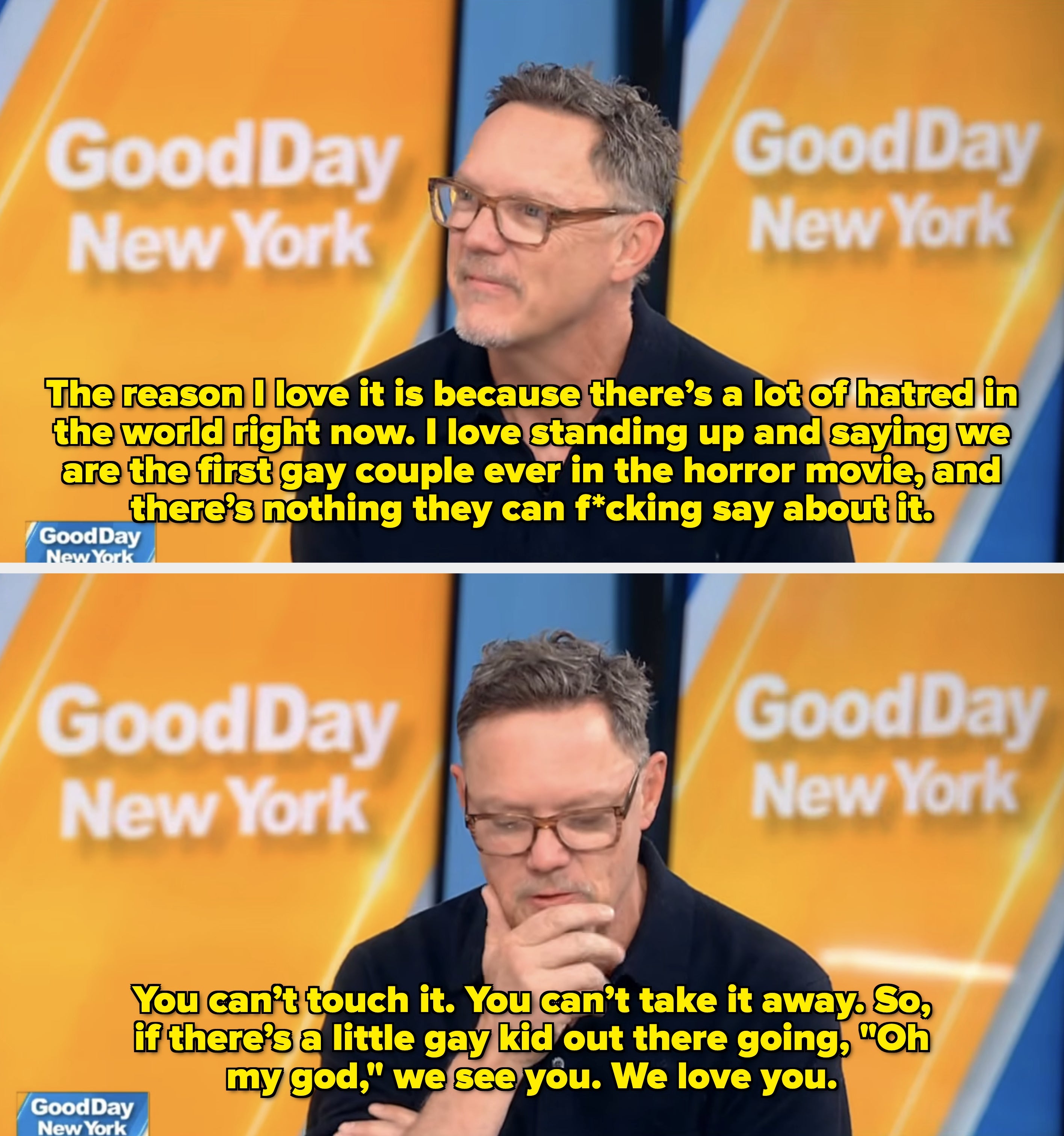 A person wearing glasses and a black shirt appears on the "Good Day New York" TV show set