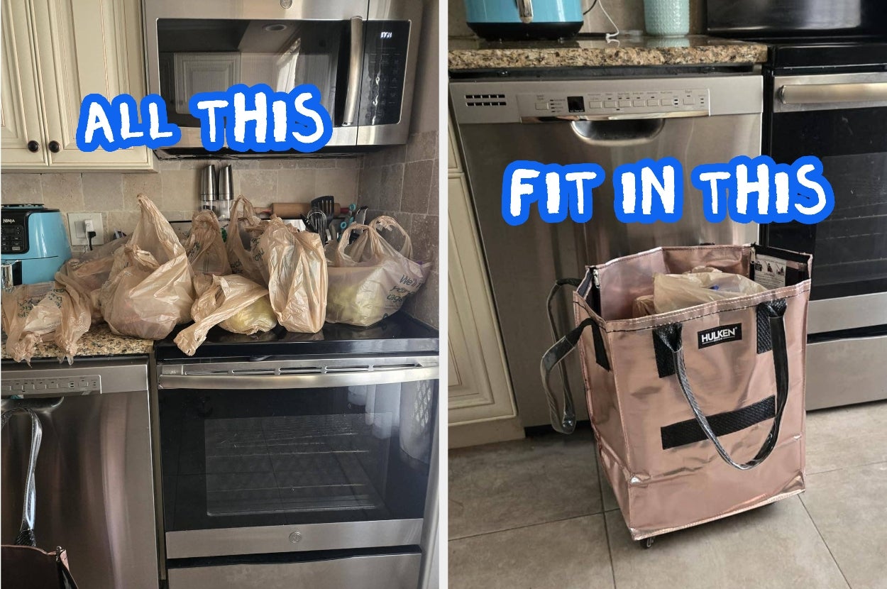 Plastic grocery bags on a kitchen counter next to a large reusable bag by a dishwasher, text highlights storage comparison