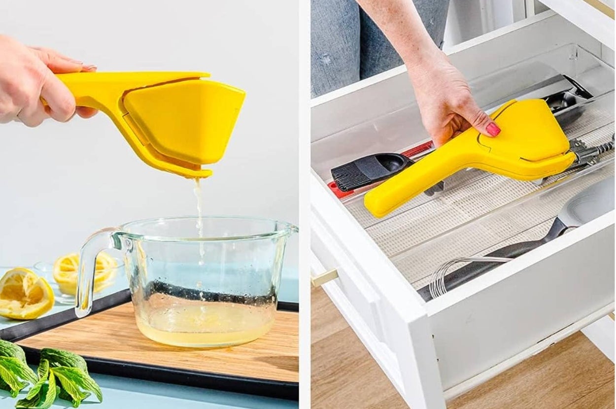 Person using a lemon squeezer to juice a lemon into a measuring cup, then placing the squeezer in a kitchen drawer