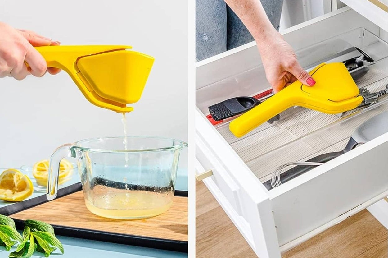Person using a lemon squeezer to juice a lemon into a measuring cup, then placing the squeezer in a kitchen drawer
