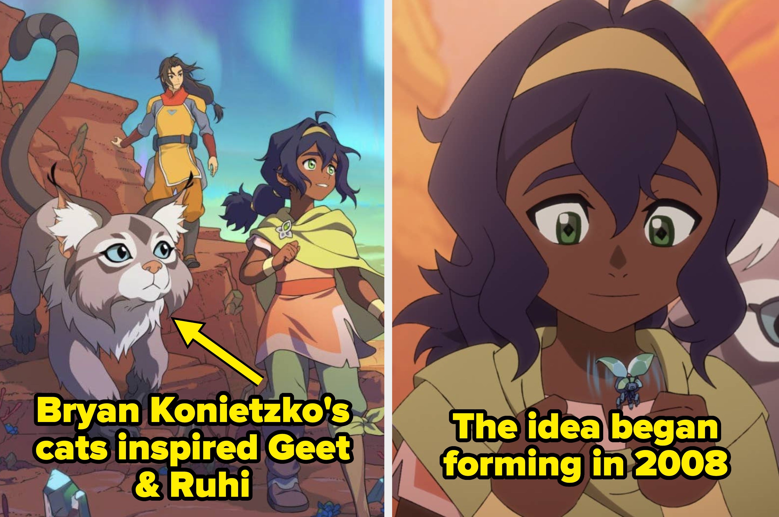 Animated characters and a creature traverse rocky terrain; three people pose at Comic Con in stylish, semi-formal attire