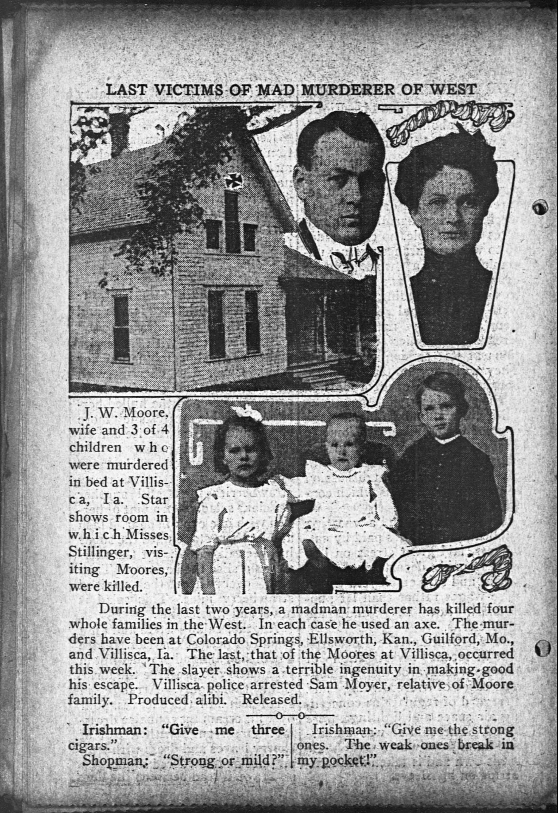 Newspaper page with portraits of four murder victims from Villisca. Text summarizes the brutal murder using an axe and mentions relatives