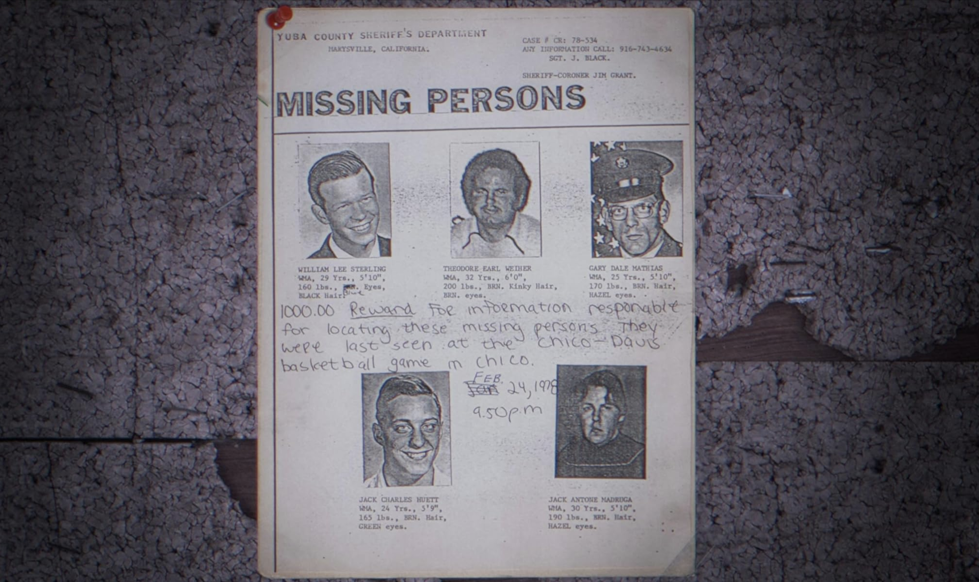 Missing persons flyer with five photos. Text notes a $1000 reward and mentions basketball area in Chico on February 17, 1980, 4:00 p.m