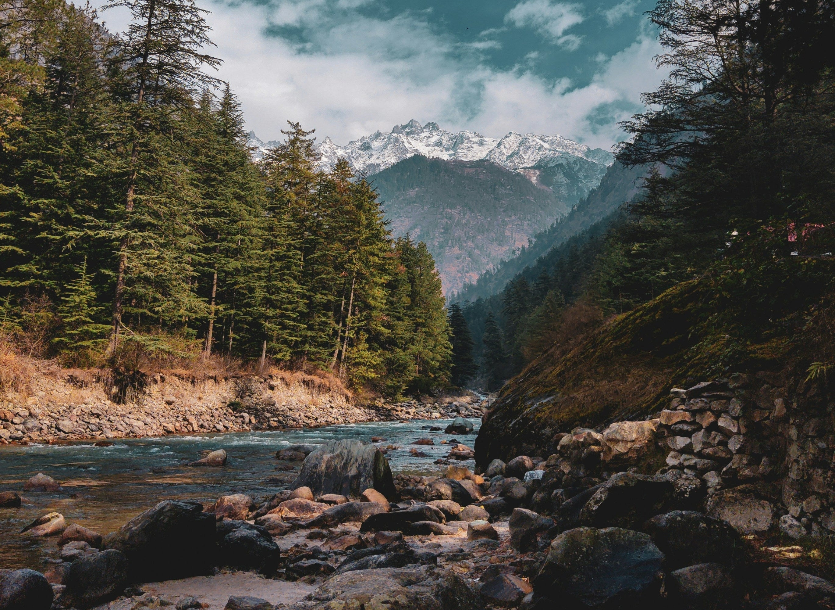 Mountain landscape with a rocky river, dense forest, and snow-capped peaks under a cloudy sky. Peaceful, natural scenery