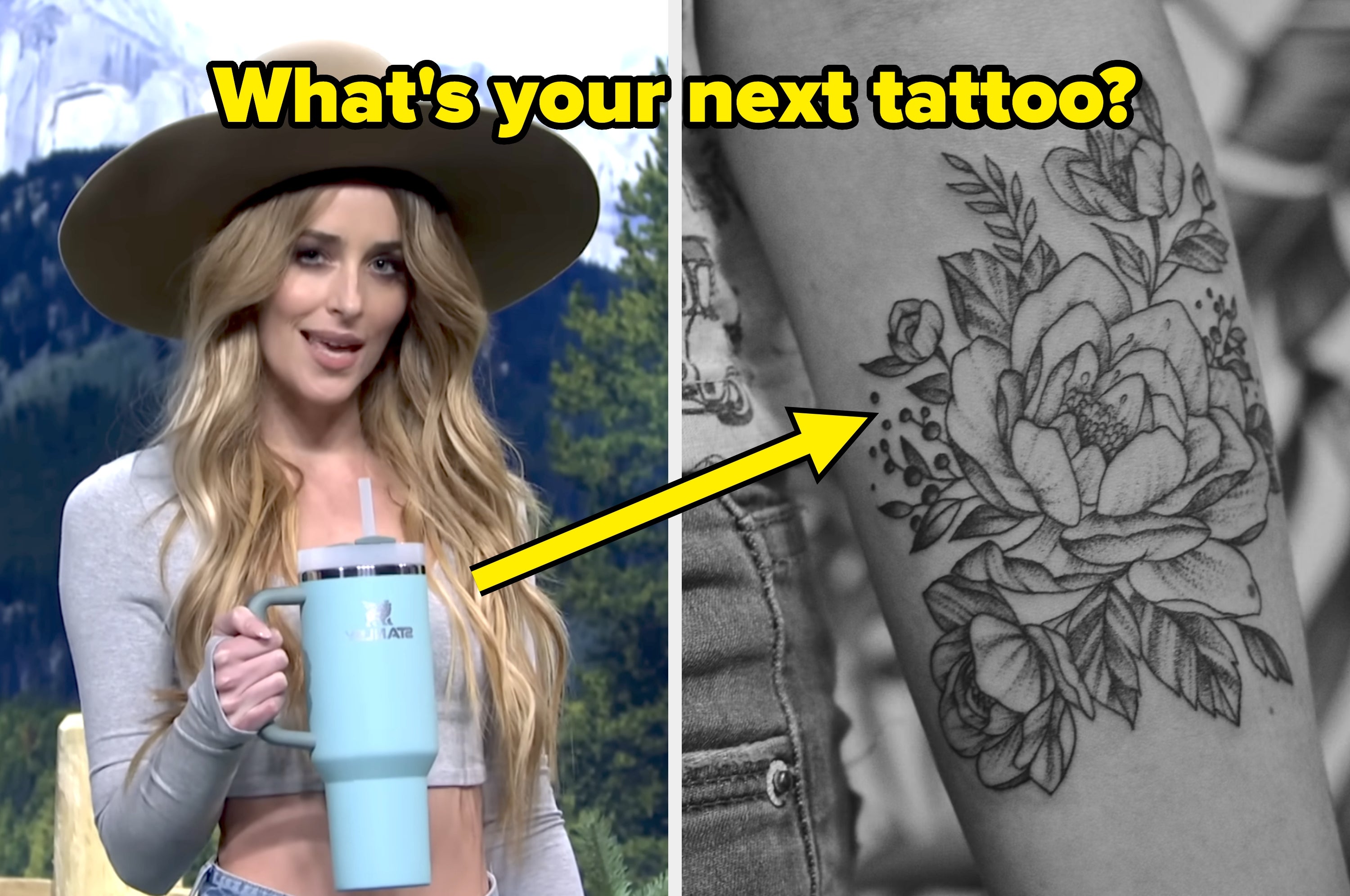 Person holding a tumbler, wearing a wide-brim hat and crop top. Arrow points to detailed floral tattoo on forearm