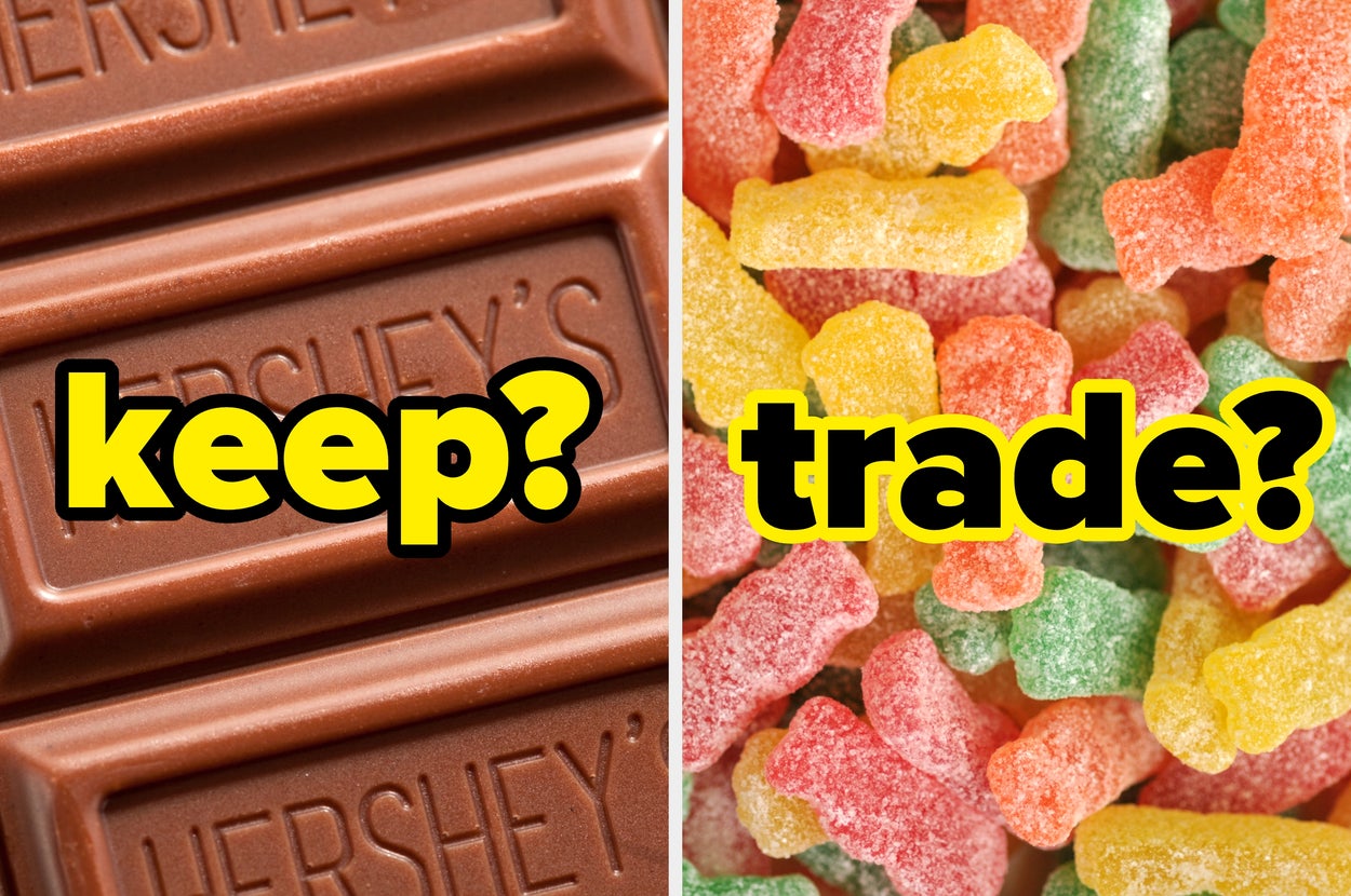 Chocolate bars on the left labeled "keep?" and gummy candies on the right labeled "trade?"
