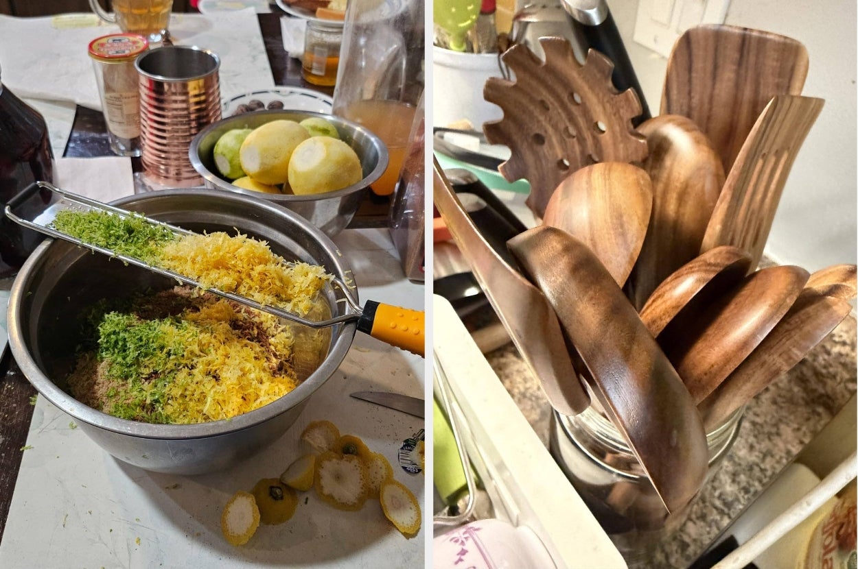 Left: Citrus zest being grated into a bowl. Right: Wooden kitchen utensils in a holder