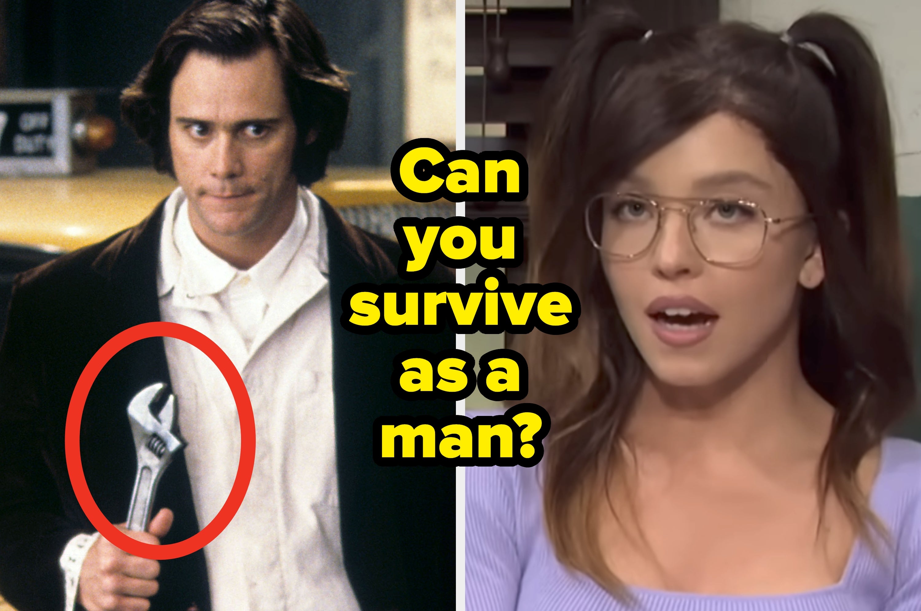 Man in suit holding a wrench with text "Can you survive as a man?" suggesting a focus on masculinity and work