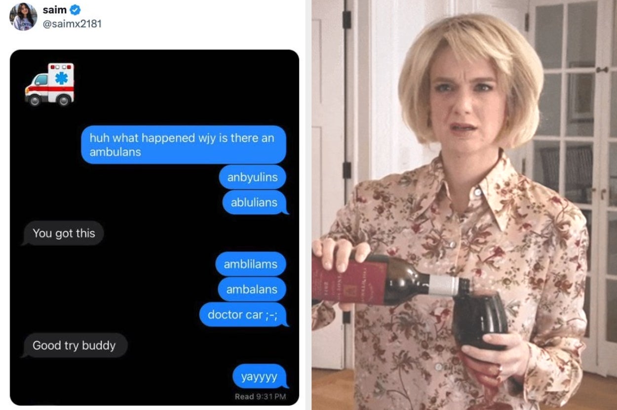 Screenshot of a text conversation showing multiple humorous misspellings of "ambulance," paired with an image of a woman pouring wine