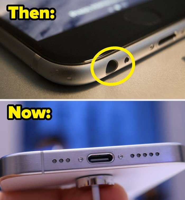 Smartphone improvement   showing headphone jack connected  older exemplary  vs. newer exemplary  with lone  a charging port