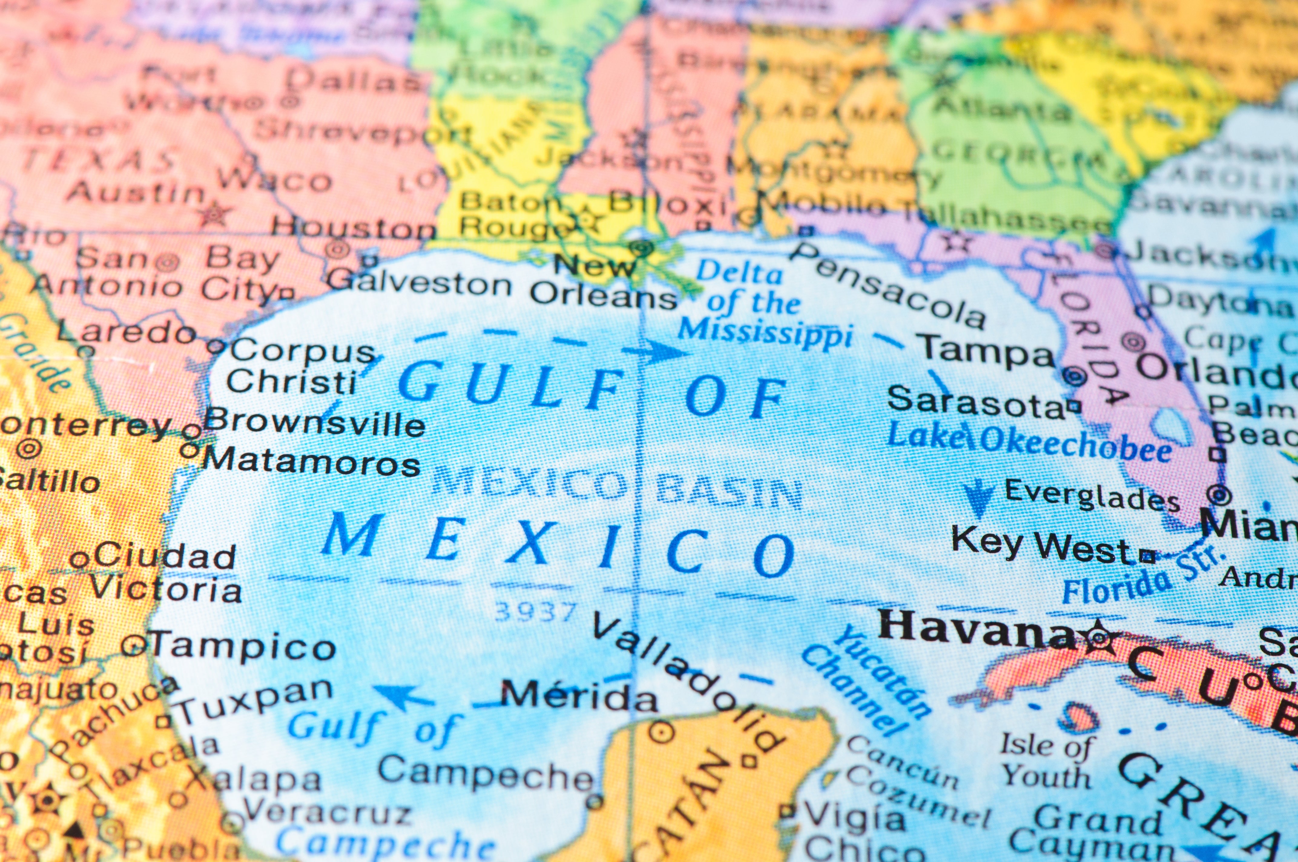 Map showing the Gulf of Mexico area with surrounding U.S. states and Mexico, highlighting major cities like New Orleans and Houston