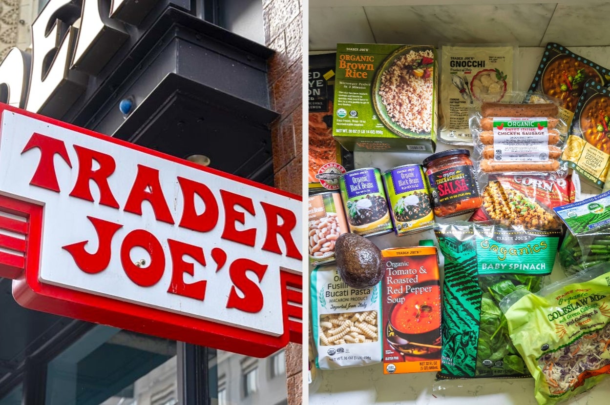Trader Joe's store sign and a selection of food items, including pasta, soup, rice, sausages, avocado, and leafy greens, are displayed
