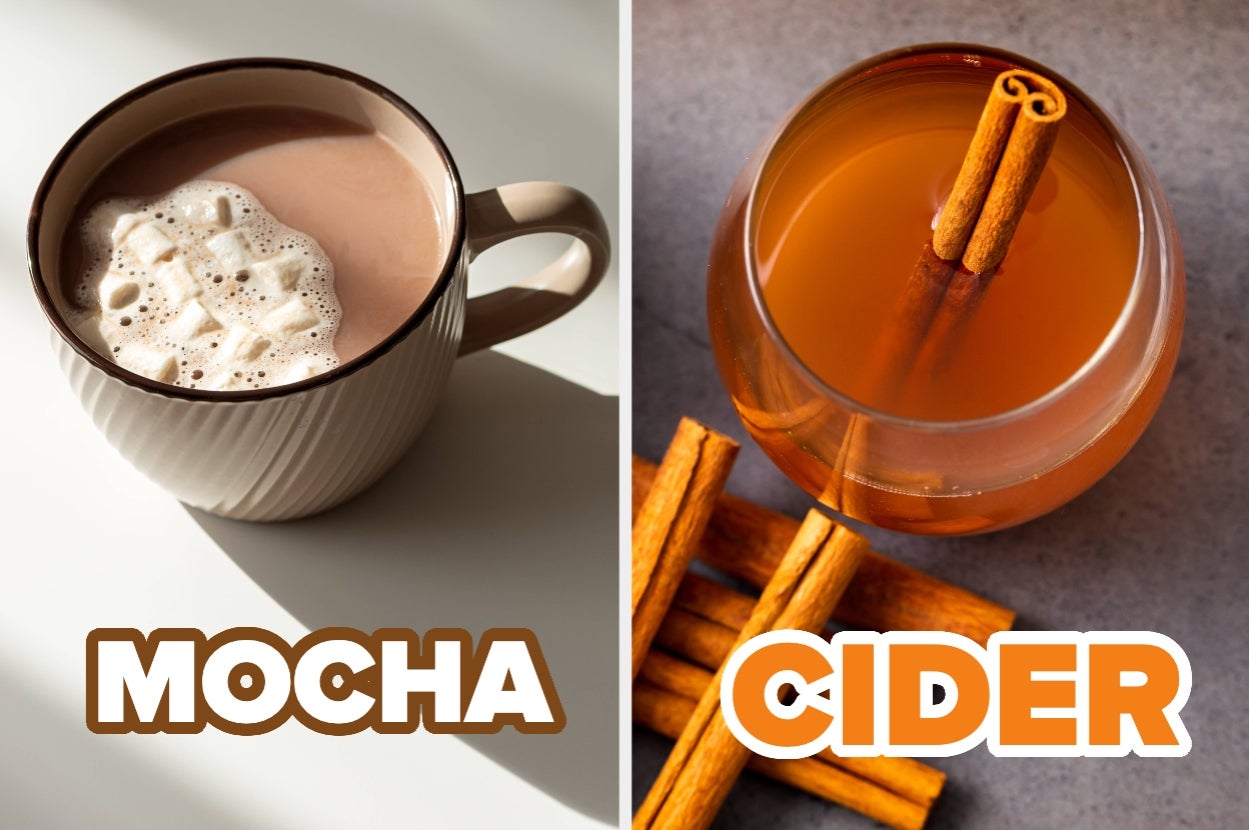 Split image: Left shows a cup of mocha with froth. Right shows a glass of cider with cinnamon sticks. Large text reads "MOCHA" and "CIDER"