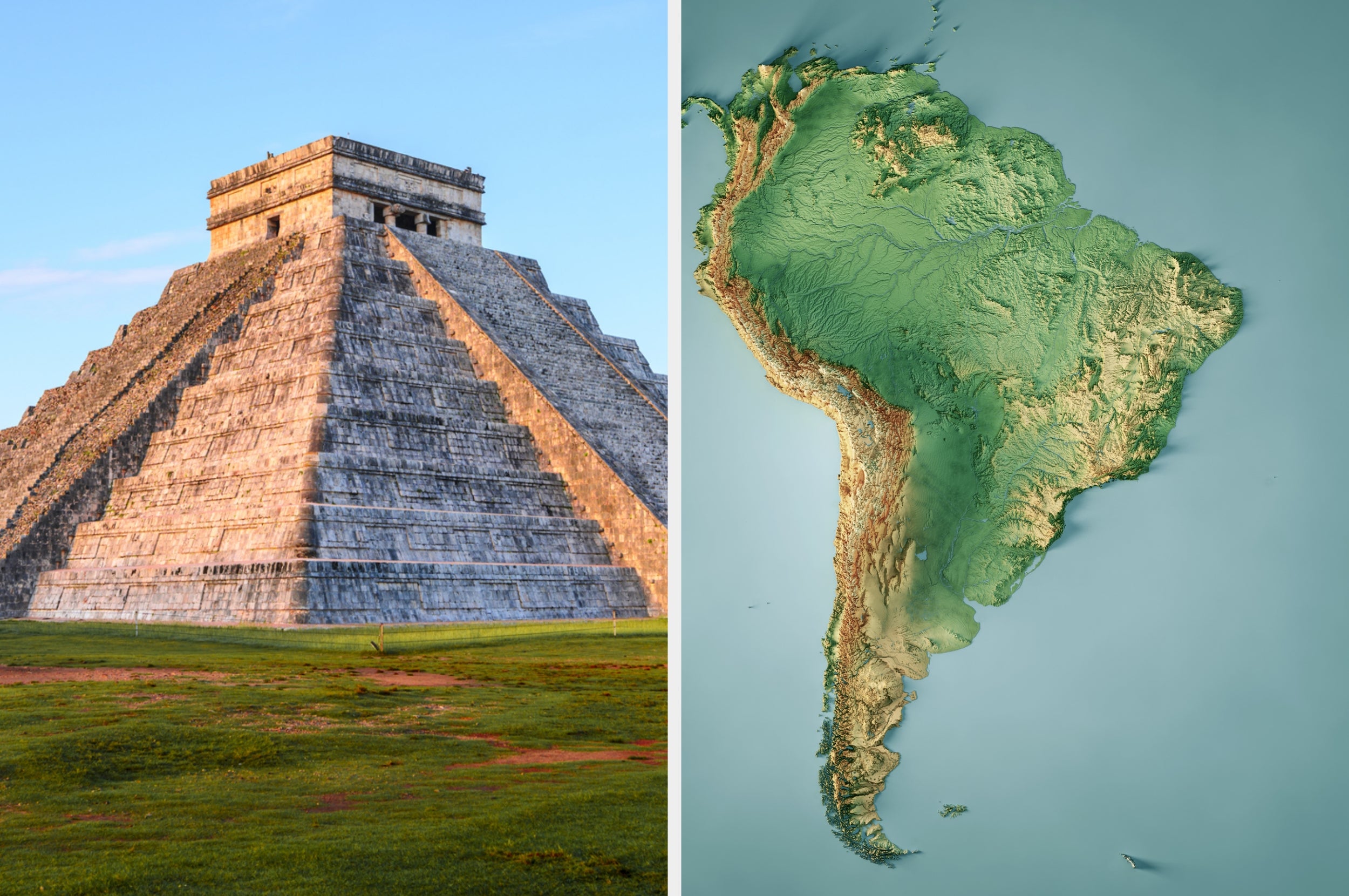 Left: Side view of Chichen Itza pyramid; Right: Topographic map of South America