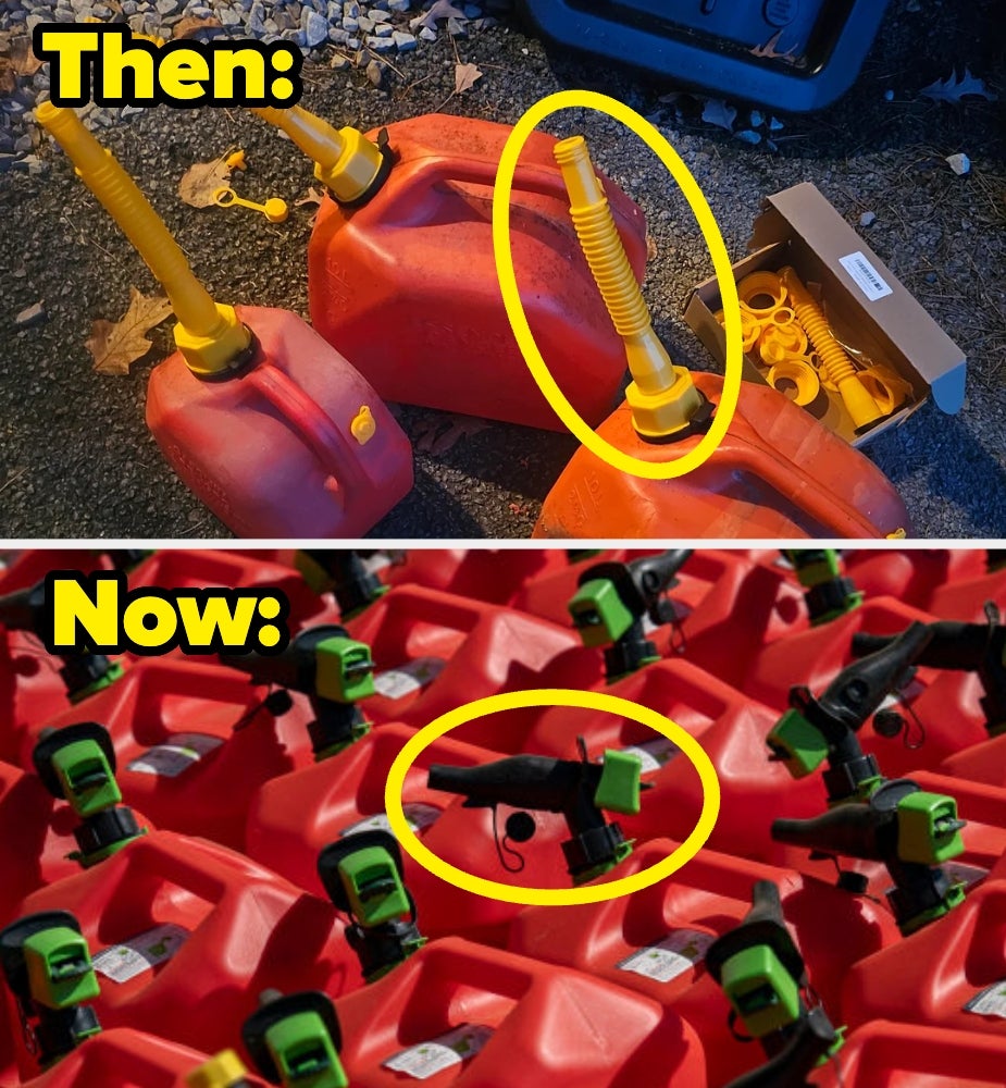 Old state cans with yellowish nozzles vs. modern state cans with information spouts