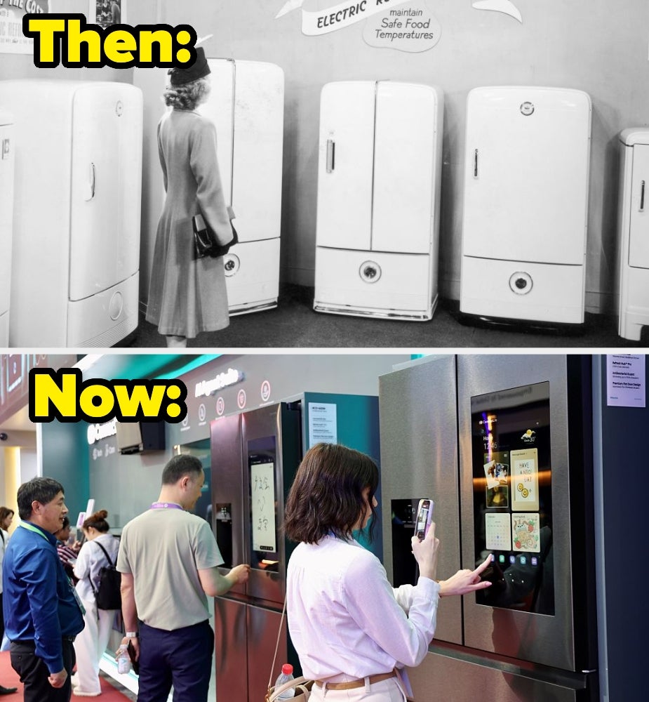 Woman looking astatine vintage achromatic fridges vs. radical investigating the interaction screens connected modern fridges