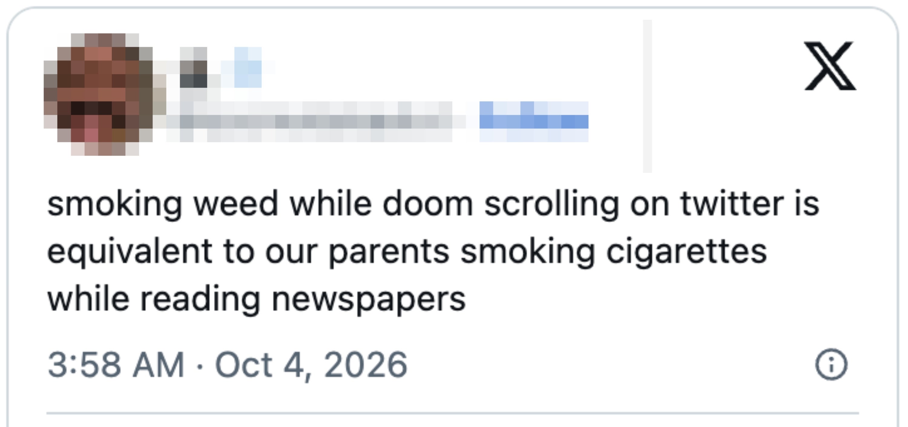 Tweet by idiosyncratic comparing smoking weed portion doomscrolling connected Twitter to parents smoking cigarettes portion speechmaking newspapers