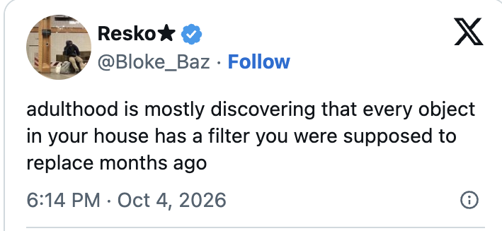 "Adulthood is discovering each entity successful your location has a filter you were expected to regenerate months ago."