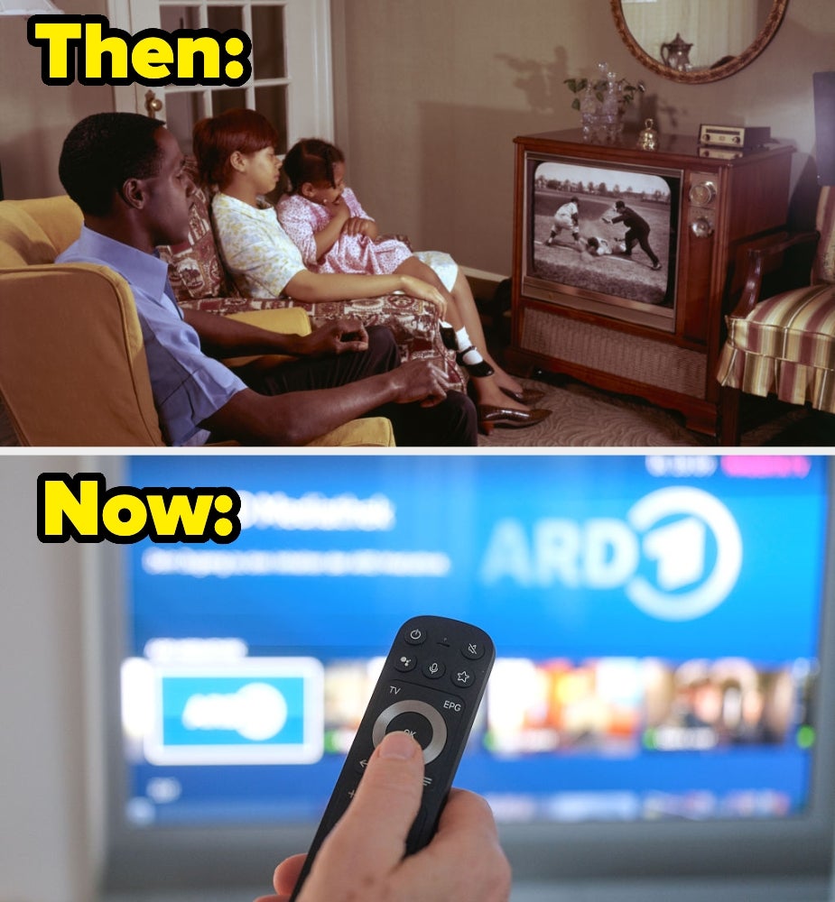 Family watching a vintage TV vs. close-up of a manus holding a remote, pointing astatine a modern astute TV screen