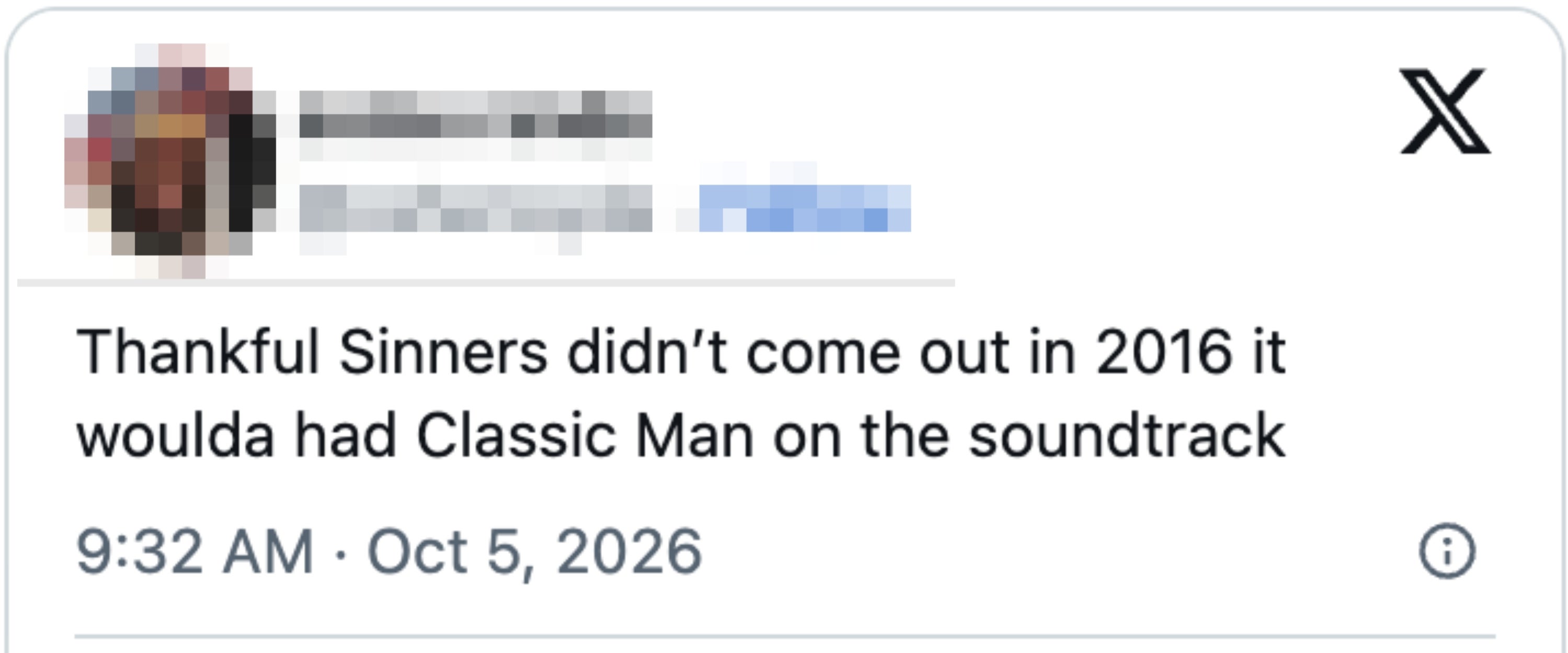 Tweet joking astir "Thankful Sinners" not being released successful 2016, mentioning "Classic Man" opus connected its soundtrack