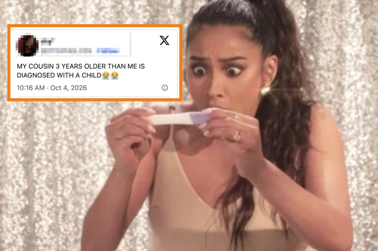A woman looks shocked while holding a pregnancy test. A post reads: "My cousin 3 years older than me is diagnosed with a child."