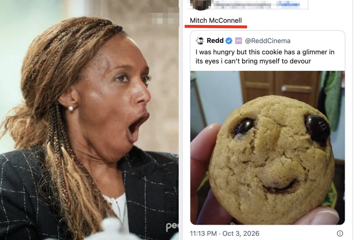 Woman reacting with surprise next to a funny tweet about a cookie with eyes, suggesting it's too cute to eat