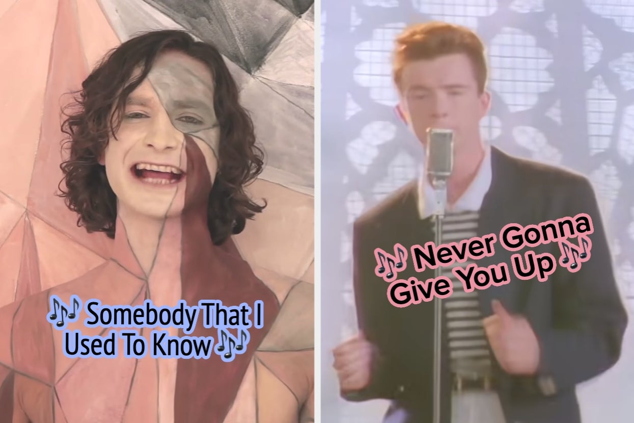 Split image showing lyrics: "Somebody That I Used to Know" and "Never Gonna Give You Up" with singers performing