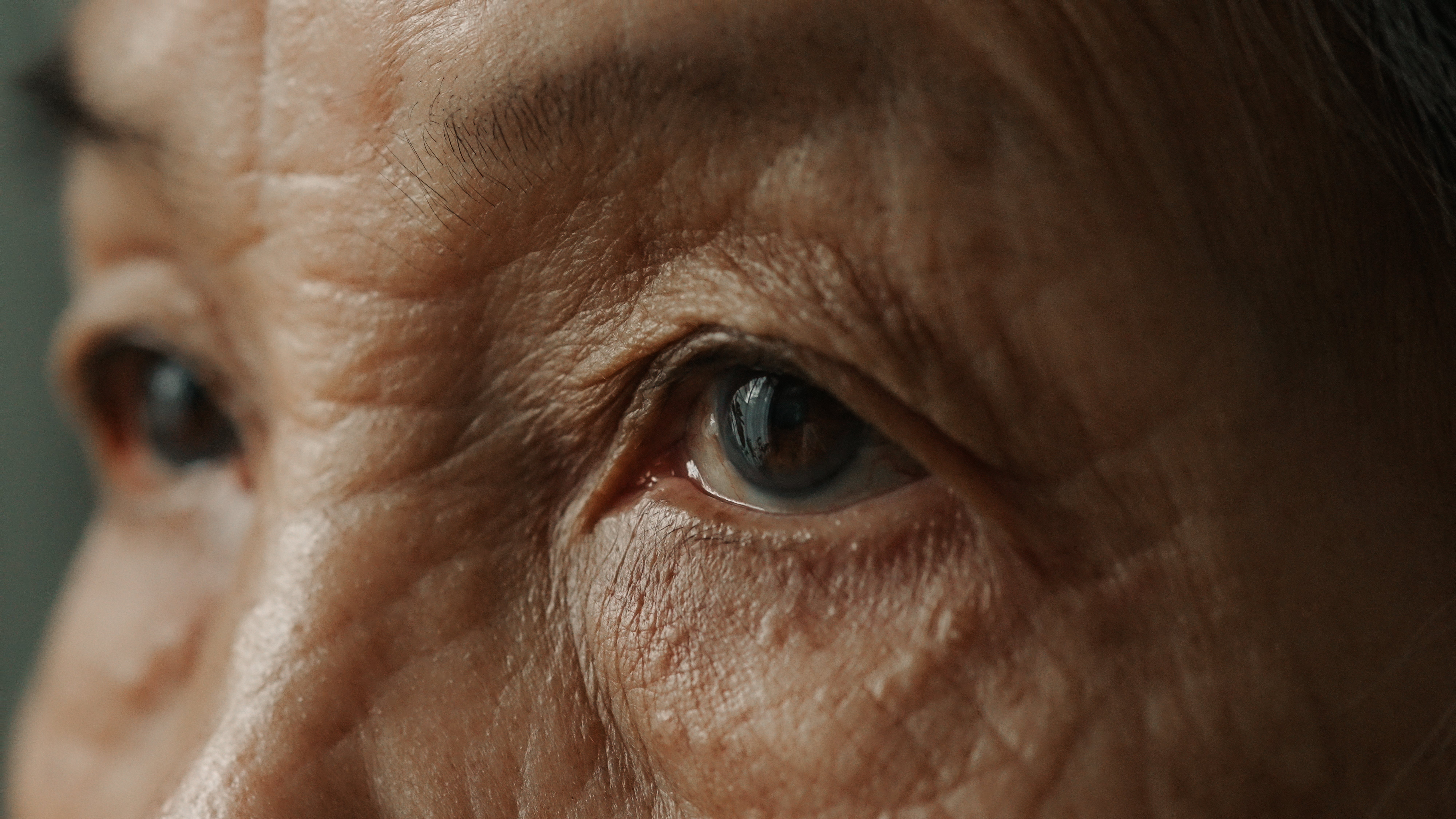 Close-up of an elder's eyes and facial features, showing a thoughtful expression