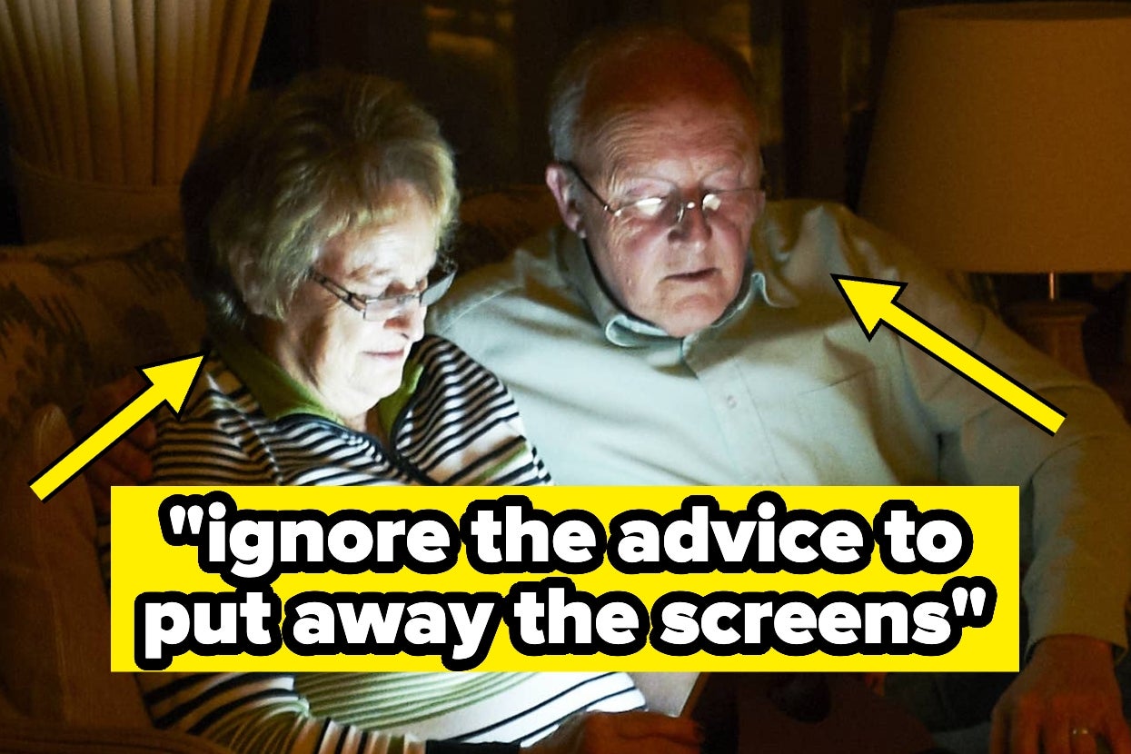 Older couple looking at a tablet in dim light with text: "ignore the advice to put away the screens."