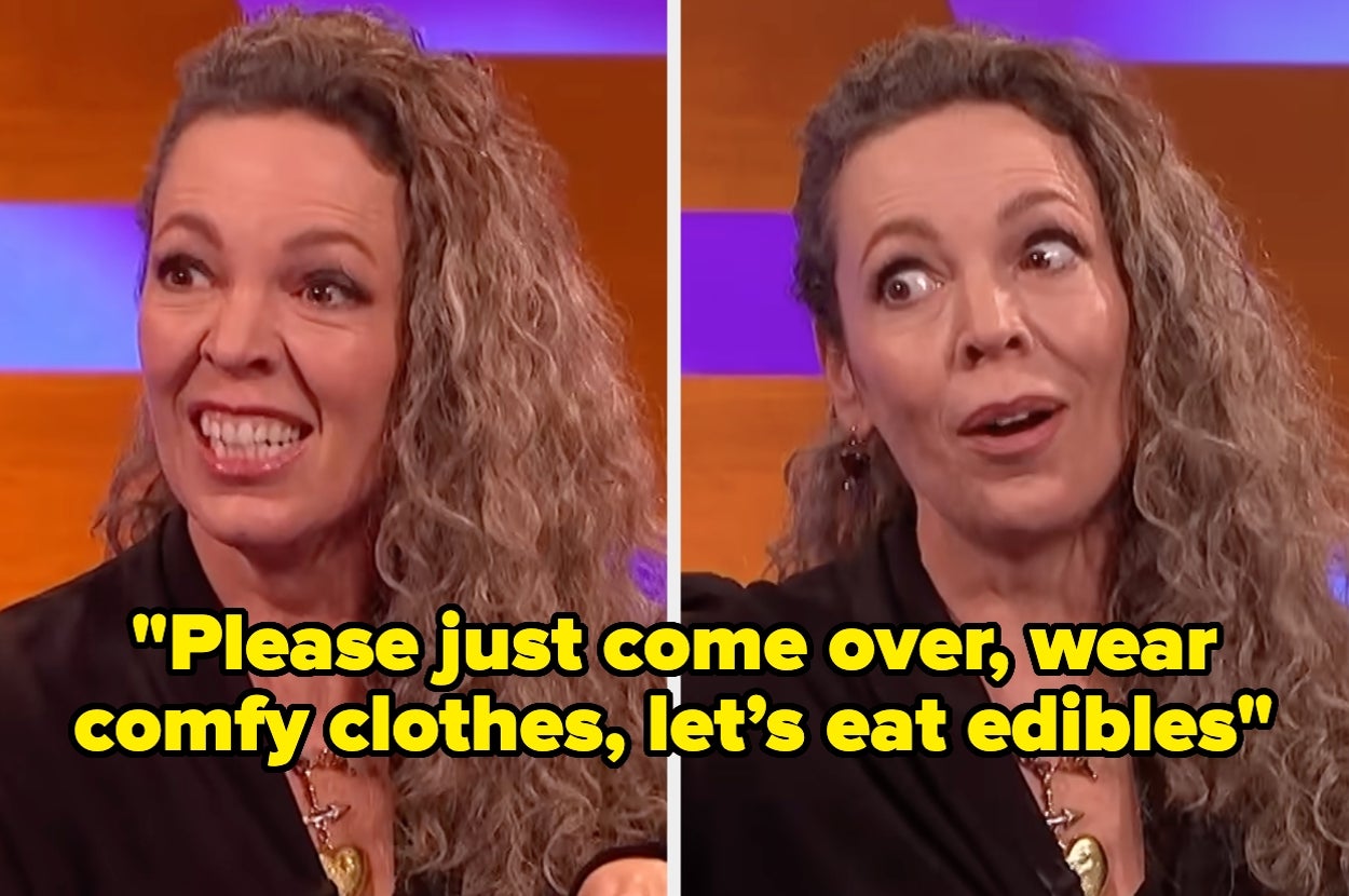 Woman with long curly hair excitedly speaking on a talk show; text reads, "Please just come over, wear comfy clothes, let’s eat edibles."