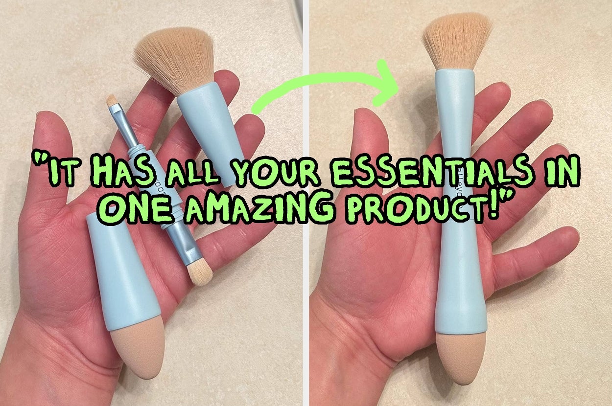 Dual-ended makeup brush with interchangeable heads for various applications. Text: "It has all your essentials in one amazing product!"