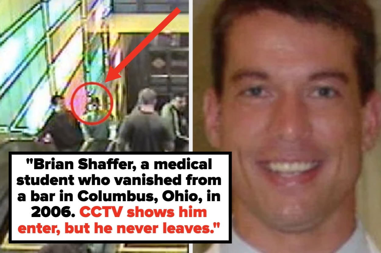 Split image: Left shows bar entrance with arrow, text overlay about Brian Shaffer's 2006 disappearance. Right is a portrait of him