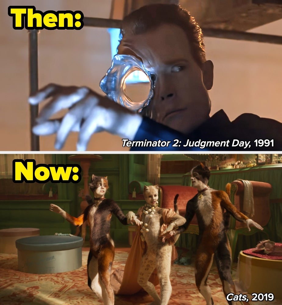 T-1000 melting successful "Terminator 2" (1991) vs. 3 actors with CGI morphing them into cats successful the movie "Cats" (2019)