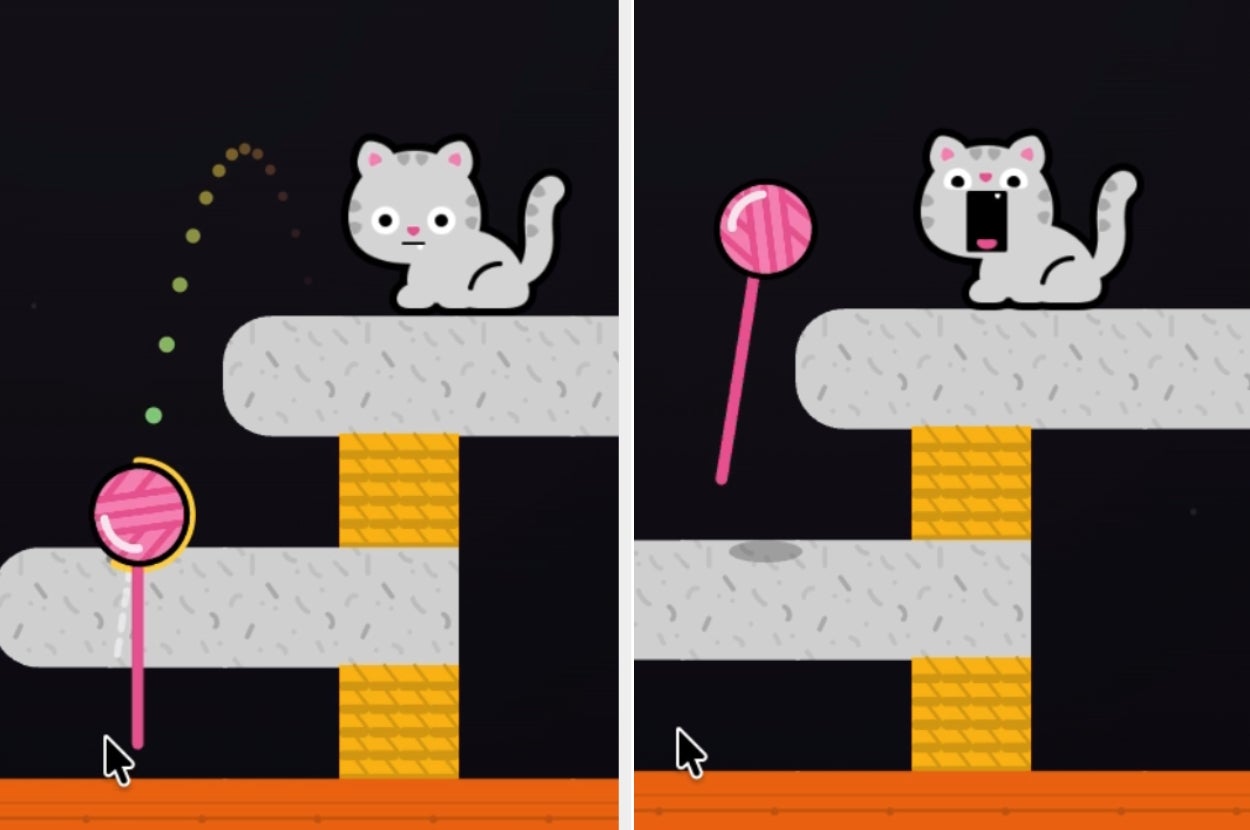 Cartoon cat interacts with a lollipop in a platform game, first watching it bounce, then reacting with surprise as it balances near them