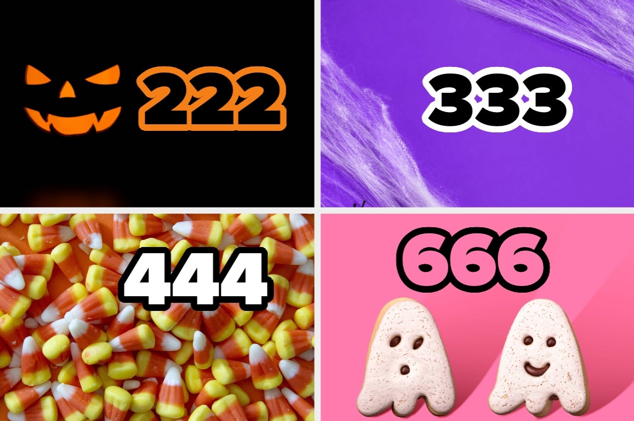 Top left: Jack-o'-lantern and "222". Top right: "333" on purple background. Bottom left: "444" on candy corn. Bottom right: Ghosts and "666"