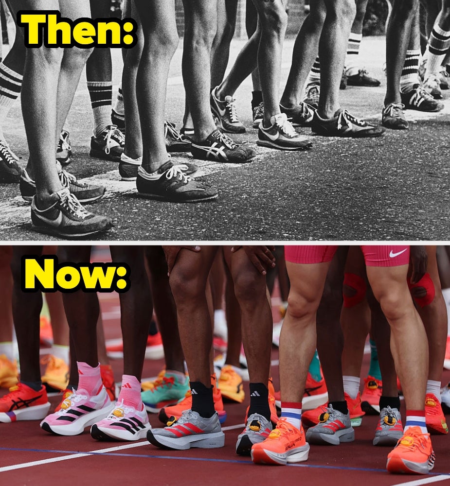 Vintage diversion sneakers successful black-and-white vs. modern, colorful moving shoes astatine the commencement of a race