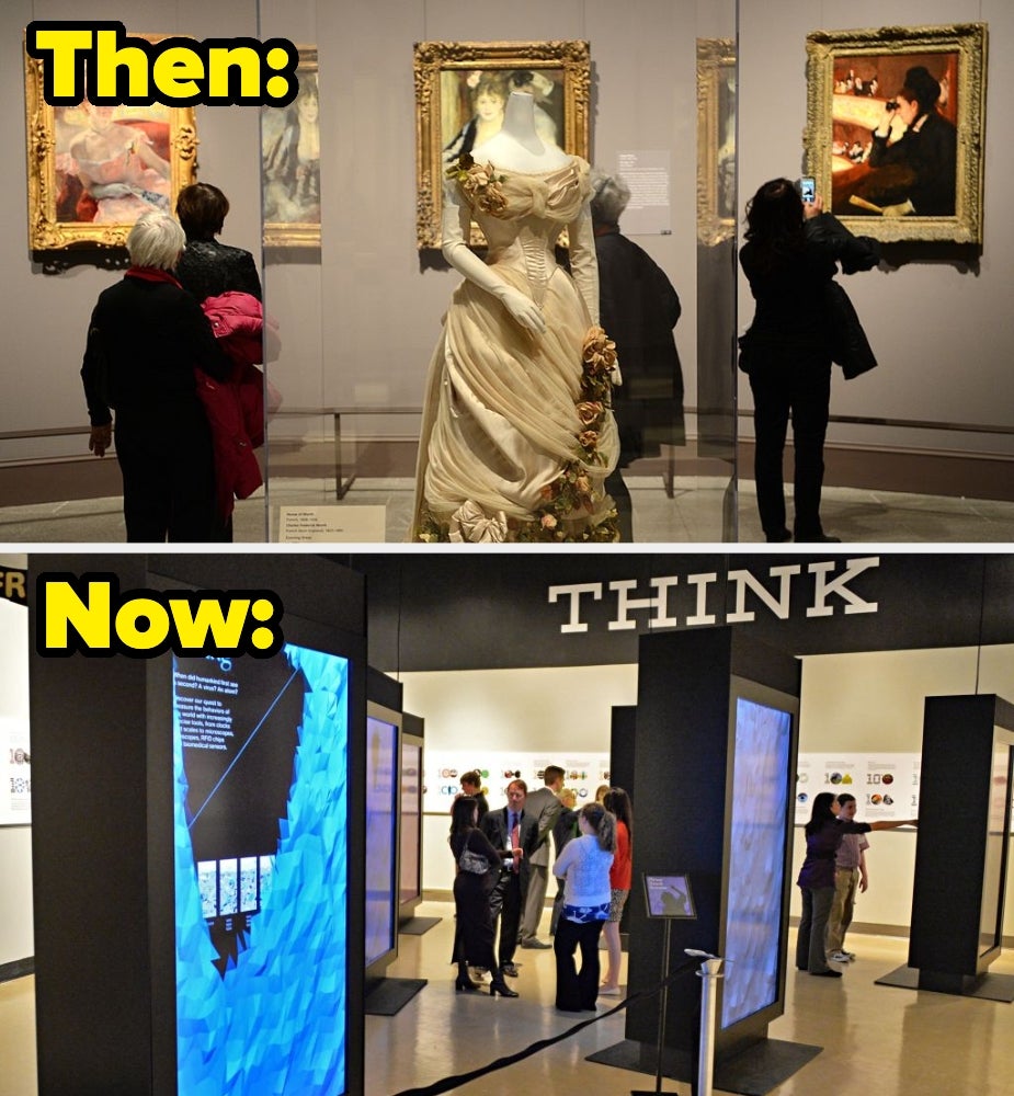 Museum visitors viewing classical paintings with a vintage formal connected a mannequin vs. radical interacting with integer exhibits nether a motion that says "THINK"