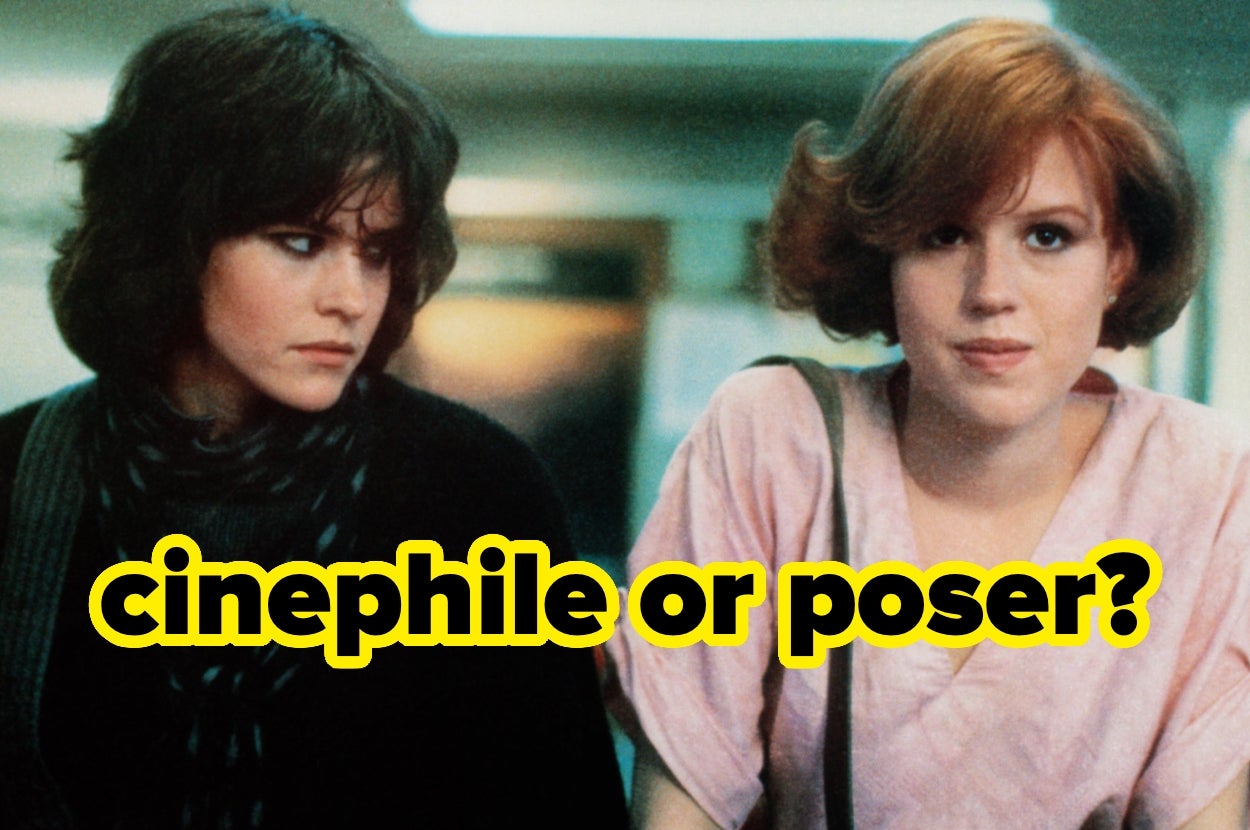Two women from a movie scene, one in dark attire looking serious, the other in a pink outfit looking contemplative. Text: "cinephile or poser?"